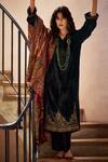 Shop_Label Varsha_Black Velvet, Viscose, Pashmina, Wool Embroidery, Tassels Round Kurta Pant Set_at_Aza_Fashions