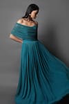 Shop_Swatee Singh_Blue Georgette Self Design Bodice Asymmetric Neck Pleated Gown _at_Aza_Fashions