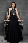 Shop_Sunita Bhandari_Black Viscose, Organza Embroidery Halter Neck Yoke Gown _at_Aza_Fashions