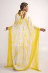 Shop_Merge Design_Yellow Chiffon, Crepe Embroidery V-neck Tie Dye Kaftan With Belt _at_Aza_Fashions