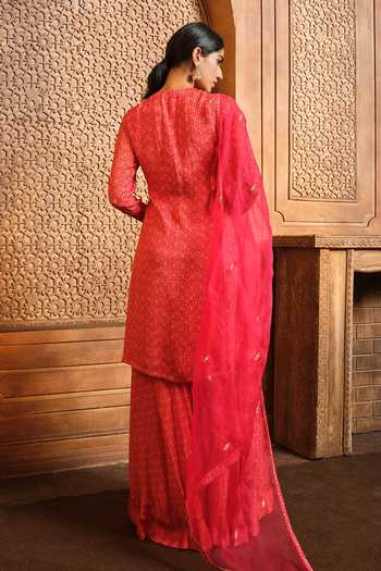 Shop_Aneesh Agarwaal_Red Chiffon, Organza Beads, Embroidery, Cut Work Ikat Print Kurta Sharara Set _at_Aza_Fashions