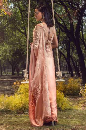 Shop_Nitika Gujral_Peach Organza, Satin Cut Work, Beads Plunge Neck Leaf Petal Patch Saree Set _at_Aza_Fashions