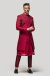 Shop_Asuka_Red Chanderi Silk Embroidery French Knot Sherwani Set _at_Aza_Fashions