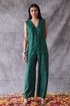 Shop_Shachi Sood_Green Dupion Silk Floral V Neck Print Jumpsuit With Jacket _at_Aza_Fashions