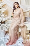 Shop_Varun Chakkilam_Beige Net Embroidery Glass Bead V Neck Ombre Saree With Blouse  _at_Aza_Fashions