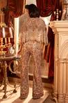 Shop_Ridhima Bhasin_Beige Net Hand Embroidered Sequin Cape Open Zaheen Pant Set  _at_Aza_Fashions