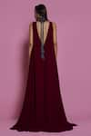 Shop_Mala and Kinnary_Maroon Georgette Embroidered Crystal High Neck Beetroot Tent Gown  _at_Aza_Fashions