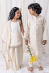 Shop_Chotibuti_Ivory Cotton Embroidery Thread Work And Sequins Sherwani Set _at_Aza_Fashions