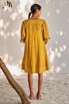 Shop_Kharakapas_Yellow Mulmul Cotton Solid V Warm Afternoon Puffed Sleeve Short Dress  _at_Aza_Fashions