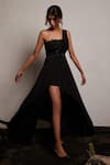 Shop_Pocket Stories_Black Crepe Embroidery Bugle Beads And Sequin One Butterfly Gown  _at_Aza_Fashions