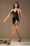 Shop_Nikita Mhaisalkar_Black Luxe Suiting Embellished Metallic Gold Slit Skirt With Belt _at_Aza_Fashions