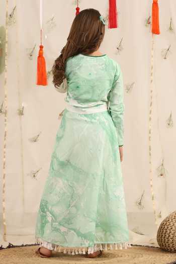 Shop_Cute Couture_White Poplin, Cotton Tassels Brush Paint Pattern Angarkha And Pant Set _at_Aza_Fashions