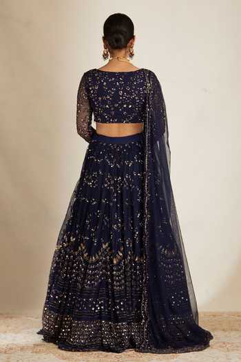 Shop_ASTHA NARANG_Blue Net, Crepe Embroidery, Sequins, Cut Metallic Floral Bridal Lehenga Set _at_Aza_Fashions