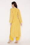 Shop_Bha Sha_Yellow Muslin, Net Sequins, Beads Round Neck Ika Bandhani Print Kurta Pant Set _at_Aza_Fashions