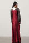 Shop_AKHL_Red Textured Satin (90% Polyester 10% Elastane)+ Triangular Yoke Gown _at_Aza_Fashions