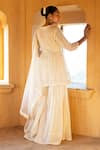 Shop_Preevin_Off White Cotton, Tulle, Net Embroidery Linear Pattern Peplum Angrakha Set _at_Aza_Fashions
