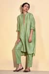 Shop_AFFROZ_Green Viscose Linen Lace Mandarin Collar Solid Kimono Kurta With Pant _at_Aza_Fashions