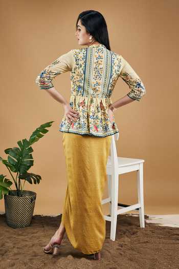 Shop_Soup By Sougat Paul_Yellow Cotton, Silk Embroidery Bird And Tile Print Peplum Top With Draped Skirt _at_Aza_Fashions