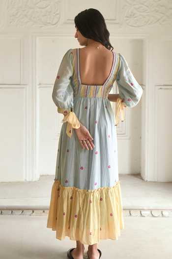Shop_Taro_Blue Chanderi Silk Embroidery V-neck Sunny Sky Printed Dress _at_Aza_Fashions