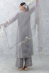 Shop_Devnaagri_Grey , Chanderi, Organza Embroidery Floral Block Print Kurta Pant Set _at_Aza_Fashions