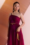 Shop_Joskai Studio_Wine Chiffon Plain One Shoulder Draped Gown _at_Aza_Fashions