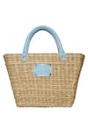 Shop_GINN AND TONIK_Beige Sequin And Beads Parrot Embellished Basket Woven Beach Bag _at_Aza_Fashions