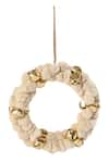 Shop_Amoliconcepts_Off White Chenille Yarn Pompoms And Iron Bells Wreath With _at_Aza_Fashions