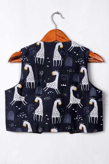 Shop_Little Brats_Black Cotton, Kota Doria Giraffe Print Waistcoat _at_Aza_Fashions