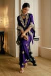 Shop_Nehha Nhata_Purple Silk Hand Embroidered Floral Patterns Notched Lapel Kaftan And Pant Set _at_Aza_Fashions