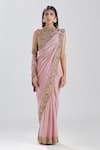 Shop_Megha Bansal_Pink Crepe Hand Embroidered Zardozi Work Noor Vrit Saree And Blouse Set _at_Aza_Fashions