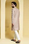 Shop_KUSTOMEYES_Beige Silk Embroidered Geometric Sherwani Set _at_Aza_Fashions