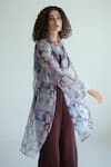 Shop_Kritika Madan Label_Maroon Organza And Crepe Printed Geometric Tie-up Jacket And Pant Set _at_Aza_Fashions