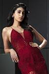 Shop_Rohit Gandhi + Rahul Khanna_Red Tulle, Crepe Crystals, Applique V-neck Supernova Beaded Gown _at_Aza_Fashions