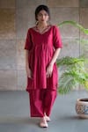 Shop_Cupid Cotton_Wine Chanderi Silk, Chiffon Lace, Embroidery V-neck Kurta Palazzo Set _at_Aza_Fashions