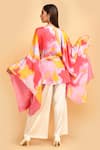 Shop_Label Ivish_Pink Silk V-neck Kimono Jacket And Trouser Set With Belt _at_Aza_Fashions