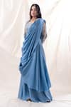 Shop_Piri India_Blue Saree  Dupion Embroidered Border Pre-draped With Blouse  _at_Aza_Fashions