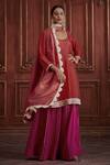 Shop_Affroz_Red Silk, Tissue Embroidery, Piping Round Neck Short Kurta Sharara Set_at_Aza_Fashions