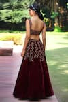 Shop_Tarini Vij_Maroon Blouse And Lehenga Velvet, Dupatta Georgette Zari Hand Embroidered Set _at_Aza_Fashions