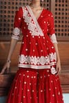 Shop_Preevin_Red , Satin, Net Diamond Pattern Peplum Angrakha Sharara Set _at_Aza_Fashions