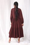 Shop_KHAT_Maroon Poplin Cotton Plain Band Collar Pintucked Bodice And Tiered Dress _at_Aza_Fashions