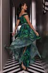 Shop_Pocket Stories_Green Crepe Print Abstract One Shoulder Off Gown  _at_Aza_Fashions