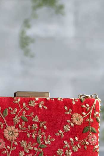 Shop_AMYRA_Red Zari, Sequins, Embroidery Floral Creeper Thread Work Box Clutch _at_Aza_Fashions