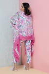 Shop_Rhe-Ana_Pink Cape  Linen/cotton Blend Printed Floral Overlay And Straight Pant Set _at_Aza_Fashions