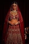Shop_The House of Exotique_Red Net Embroidered Crystal Scoop Neck Bridal Lehenga Set  _at_Aza_Fashions