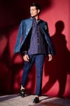 Shop_BUBBER COUTURE_Blue Flat Raw Silk Print Diametric Bandhgala Jacket _at_Aza_Fashions