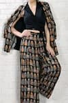 Shop_Whimsical By Shica_Black Cotton, Silk Open Neck, Babushka Doll Print Jacket Flared Pant Set _at_Aza_Fashions