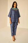Buy_Betrue_Blue Chanderi Cotton, Silk Beads, Mirrors, Beaded Fringe Neckline Top And Pant Set _at_Aza_Fashions