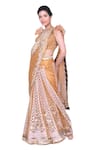 Shop_Archana Kochhar_Gold Net Hand Embroidery Lucknowi V Neck Floral Saree With Blouse _at_Aza_Fashions