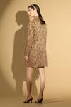 Shop_Geisha Designs_Brown Nylon Embroidered Beads Lapel Collar Thread Short Dress  _at_Aza_Fashions