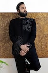 Hilo Design_Black Suiting Chival Embroidered Bandhgala_at_Aza_Fashions
